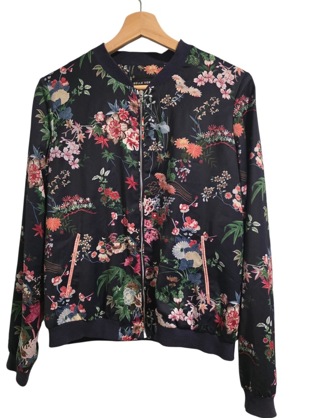 Belle Vere Navy With Bold Floral Print Satin Bomber Jacket Pink Pocket Trim Sz S